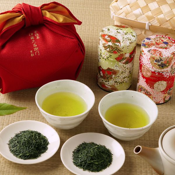 茶缶と2種の宇治茶の竹かごセット